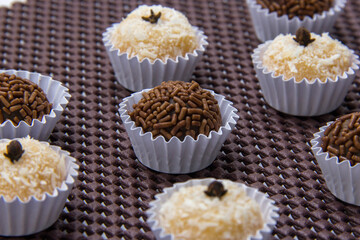 Traditional Brazilian sweet, brigadeiro and beijinho.