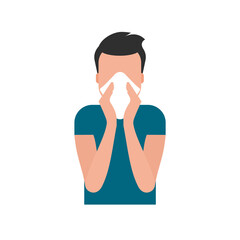 Young man blowing his nose in paper tissue. Cover your sneeze or cough with napkin. Coronavirus protection. Infectious disease prevention. Stop COVID-19 spreading. Vector illustration, flat, clip art.