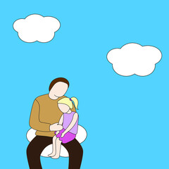 Father and daughter are sitting on a cloud in the sky