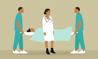 Female doctor and two male orderlies holding a stretcher with a patient
