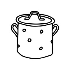 Black hand drawing outline illustration of a pan for cooking isolated on a white background