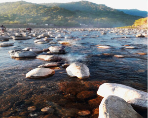 River side stone with sunset Beautiful wallpaper