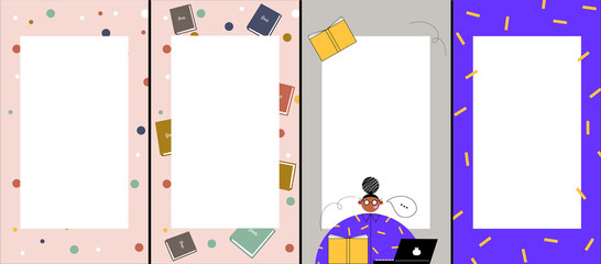 E-learning. Bright cover designs in cartoon style for brochures, stories, applications. Vector flat set of cover designs with student girl, laptop and book. Set of backgrounds with place for text.