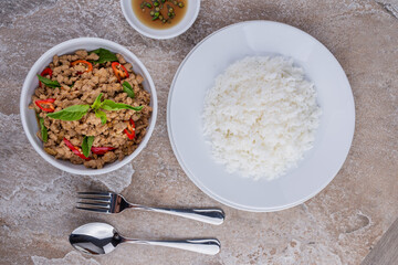 stir-fried pork and basil with rice , Thai famous Street food