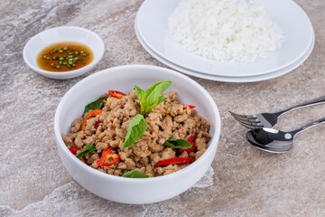 stir-fried minced pork and basil with rice , Thai famous Street food
