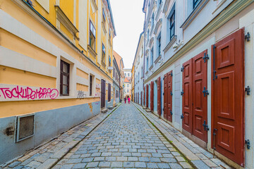BRATISLAVA, SK - MAY 25, 2015: Narrow streets of the old town area in Bratislava, Slovakia.