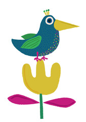 Blue exotic bird with green wings sits on a yellow flower on a white background