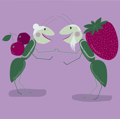 ant grandmother and ant grandfather love each other hold on to their paws carry cherries and strawberries behind their backs on a pink background
