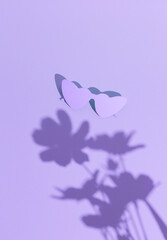 Minimal aesthetic still life monochrome design. Purple trends. Flowers shadows and stylish sunglasses
