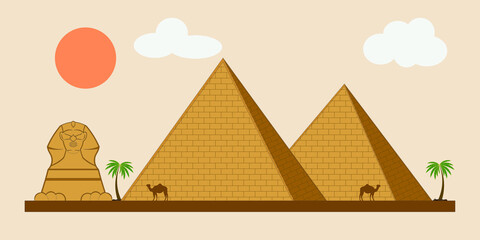 pyramid with Sphinx and camel drawing in vector