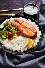 close-up of fried juicy trout steak, top view