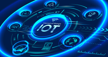 Internet of things (IOT) devices and connectivity concepts on a network. Spider web of network connections with on a futuristic blue background.