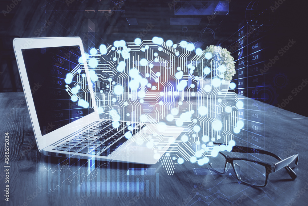 Aufkleber multi exposure of work space with computer and human brain hologram. brainstorm concept.