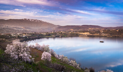 Beautiful sunset clouds over Lake Ram (Birkat Ram), a crater lake (maar) in the northeastern Golan...