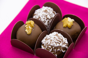 Variety of bonbons, chocolate and coconut and chocolate with chestnut.