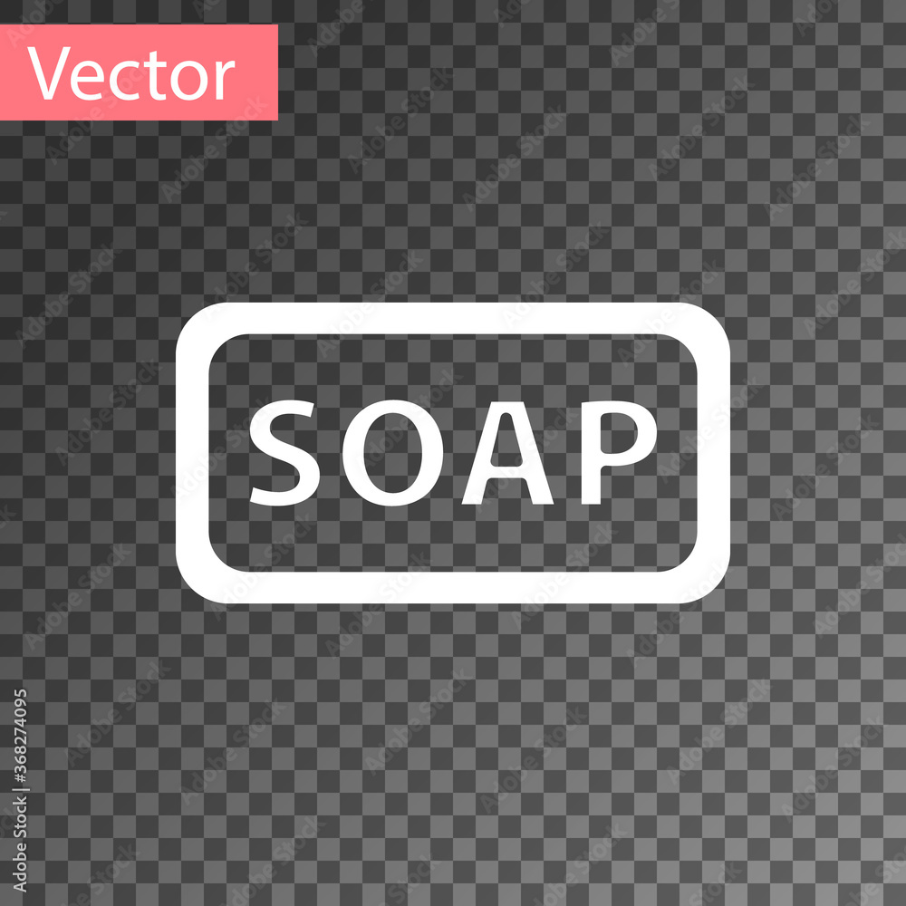 Poster White Bar of soap icon isolated on transparent background. Soap bar with bubbles. Vector Illustration.