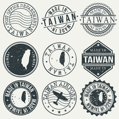 Taiwan Set of Stamps. Travel Stamp. Made In Product. Design Seals Old Style Insignia.