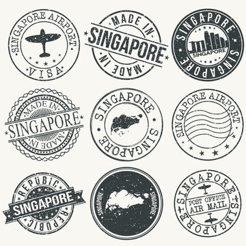 Singapore Set of Stamps. Travel Stamp. Made In Product. Design Seals Old Style Insignia.
