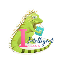 I is for Intelligent Iguana, Animal ABC picture book. Cute smart Iguana lizard reading a book, kids character cartoon. Cute zoo animals alphabet picture book, watercolor styled vector design.