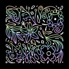 Fantasy Doodle flower background. Gradient iridescent pattern on a black background. Hand-drawn floral ornament, print for fabric, posters, notebooks, book illustrations.