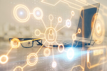 Computer on desktop with social network theme icon. Multi exposure. Concept of international connections.