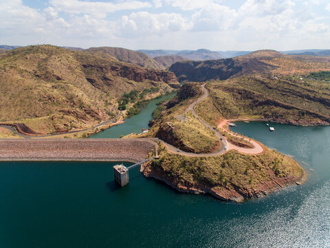 Aerial view over Lake Argyle showing the dam wall