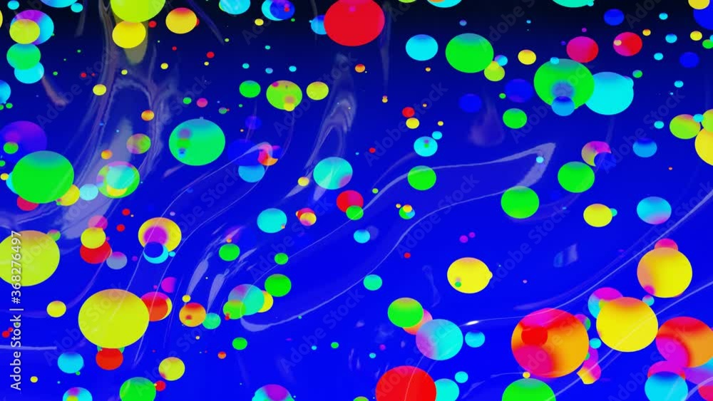 Poster abstract looped background of shiny glossy surface like wavy blue liquid with rainbow color circles 