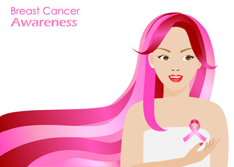 Woman breast cancer awareness concept. Young beautiful woman with pink ribbon hair holding pink ribbon, symbol of breast cancer at her chest. Vector Illustration. Isolated on white background.