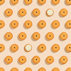 Biscuits stuffed with cream on a bright yellow background, a recurring seamless pattern, sweet background, wallpaper. Copy space, banner. top view