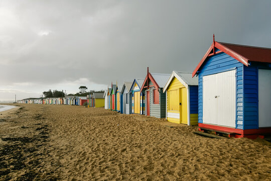 Row of bathing boxes at a city beach