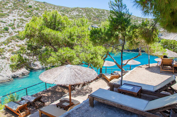 Picturesque Porto Limnionas rocky beach on west coast of Zakynthos island, Greece