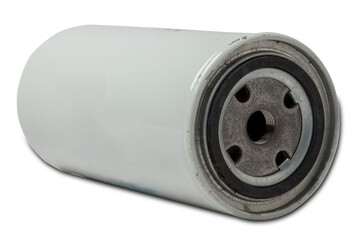 Close-up of car oil filter on white isolated background in a photography studio. Spare part for a car for sale, repair and maintenance.