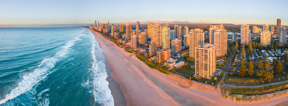 Aerial view of the beach and hi rise buildings on the Gold Coast