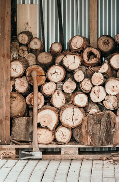 Wood stack and axe ready to make a fire.