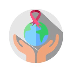 World Cancer Care Logo Hand Supporting Earth with Pink Ribbon