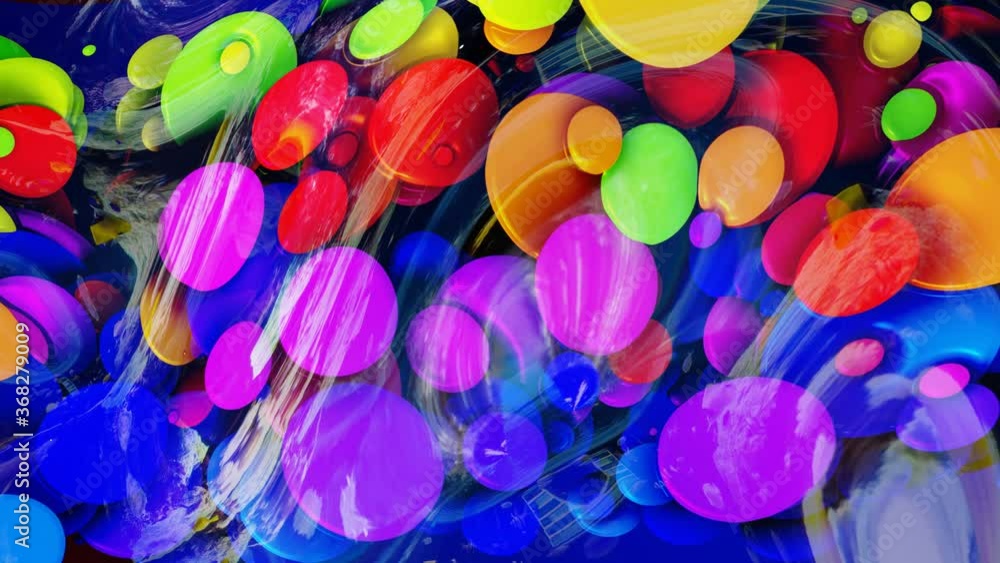 Poster abstract looped background of shiny glossy surface like wavy blue liquid with rainbow color circles 