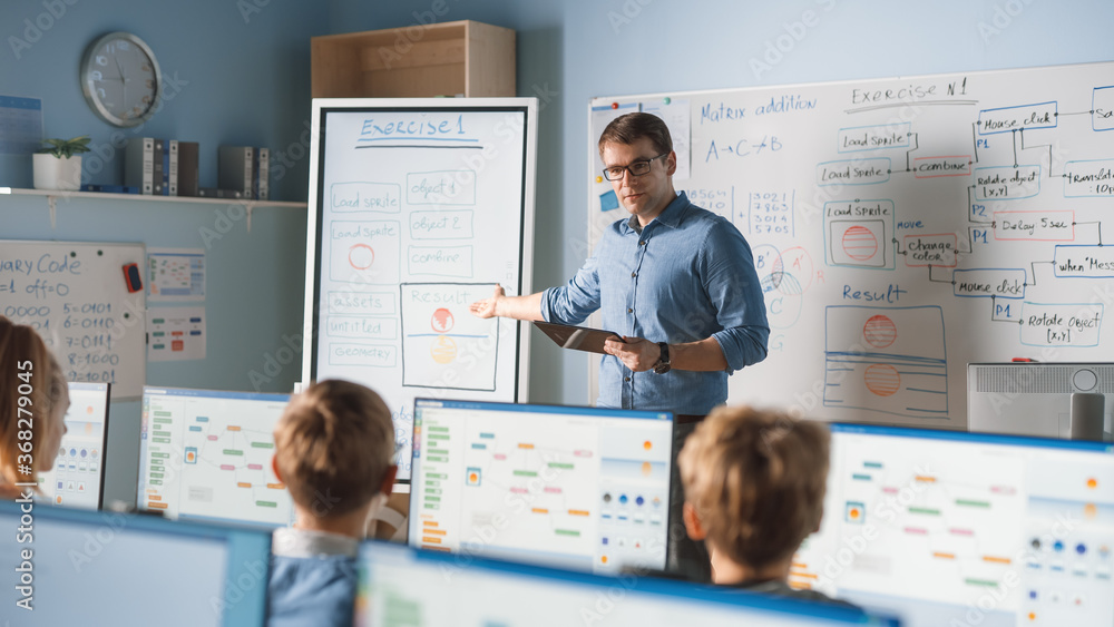 Poster elementary school class: teacher uses interactive digital whiteboard, explains lesson to diverse gro