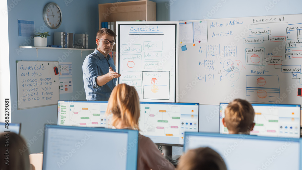 Poster elementary school class: teacher uses interactive digital whiteboard, explains lesson to diverse gro