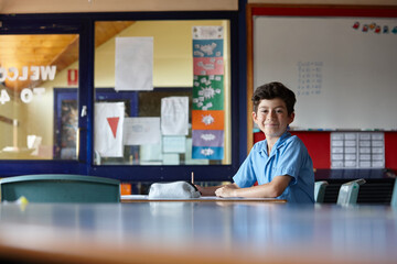 Primary school student in classroom working on homework