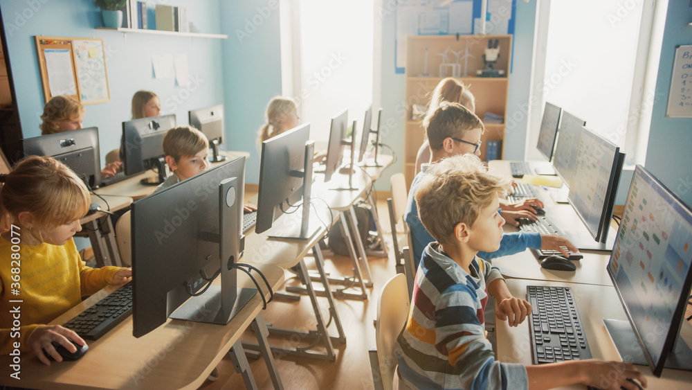 Wall mural Elementary School Computer Science Classroom: Diverse Group of Little Smart Schoolchildren using Personal Computers, Learn Informatics, Internet Safety, Programming Language for Software Coding