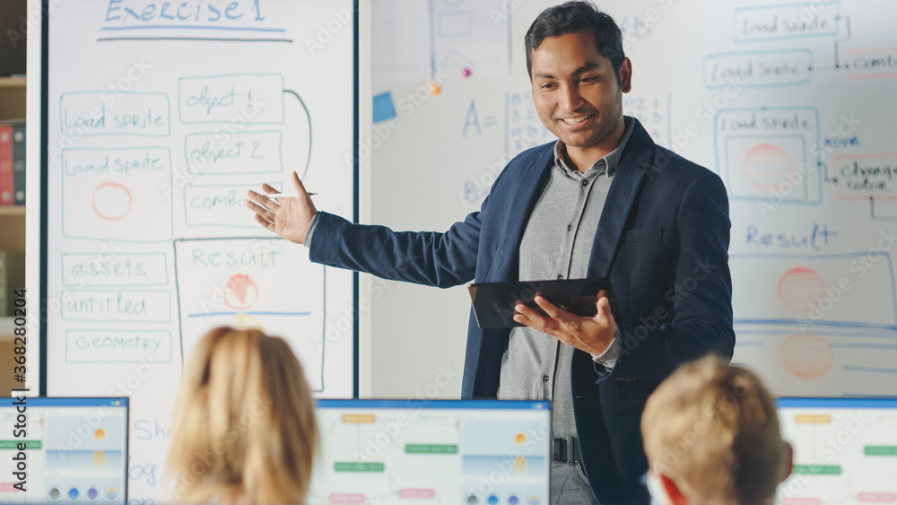 Poster elementary school class: teacher uses interactive digital whiteboard, explains lesson to diverse gro