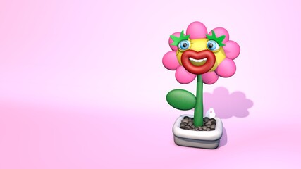 Bright 3D image of a flower in a pot. Funny smiling character. Pink big-eyed flower.