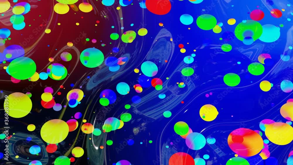 Poster abstract looped background of shiny glossy surface like wavy blue liquid with rainbow color circles 