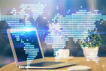 Multi exposure of business theme icons and table with computer background. Concept of success.