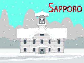 Fototapeta na wymiar sapporo city clock tower in winter with snowfall drawing in vector