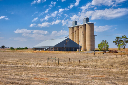Wheat silos and storage sheds in dry sunny landscape