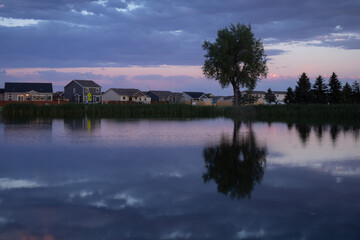 Reflection of a tree and the sky just after sunset in the water at Dalbey Memorial Park in Gillette, Wyoming. 