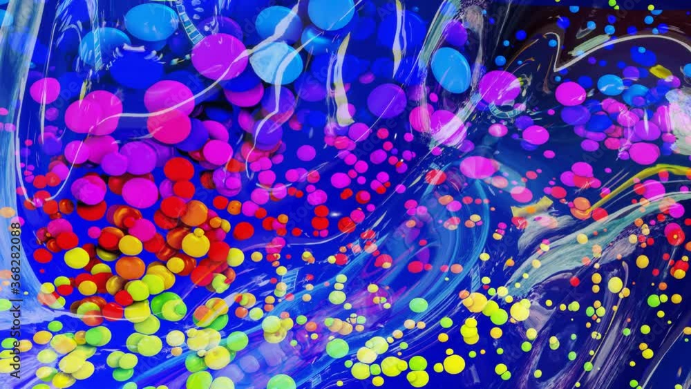 Poster abstract looped background of shiny glossy surface like wavy blue liquid with rainbow color circles 