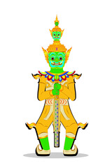 The Tossakan or Thotsakan or Ravana mask crown Head and dress in Ramakien or Ramayana Mahabharata literature - Guard statue of Thailand Temple drawing in vector