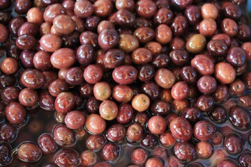 Greece, Athens, July 27 2020 - Stall with Amfissa olives at street market.